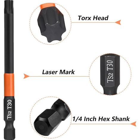Set de 10 embouts longs Torx pour tournevis et visseuse électrique, Longueur 100 mm Embouts Tournevis Torx Magnétiques, Tige hexagonale de 1/4", T10, T15, T20, T25, T30, T40 (1/4)