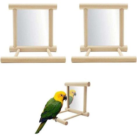 Miroir Cage Oiseau 2 Pièces Perchoir Support Perroquet Jouet Bois Macher Ara Gris