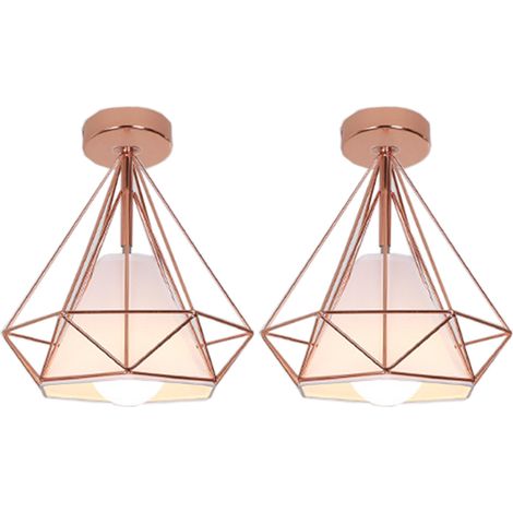 Ceiling Lighting Fitting Vintage, Ø25cm Diamond Metal Ceiling Lamp, Industrial Chandelier with Lampshade for Living Room Hallway Rose Gold 2PCS
