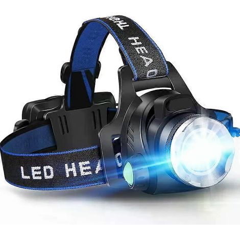 Lampe frontale LED puissante, rechargeable, télescopique et zoomable, étanche, pour le travail en extérieur, à haute luminosité. (1/4)