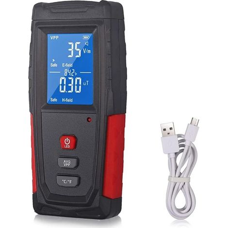 Détecteur EMF de Rayonnement Onde Electromagnétique Metre EMF Testeur Affichage LCD Incorpore une Batterie Llithium-ion avec un Cable de Recharge USB avec Son, la Lumière, la Couleur 3 Alarmes (1/5)