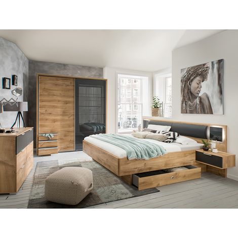 Schlafzimmer-Set mit 160x200 cm Doppelbett & 228 cm Schwebetürenschrank, 5-teilig, mit Glasschwebetür, Kopfteilpolster & beleuchteten Glaspaneelen - VIESTE-43 (1/5)