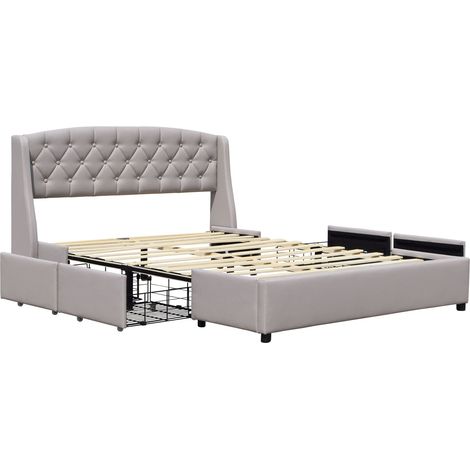 iris - Solide et Confortable Lit 140x200 avec Sommier avec 4 tiroirs + Tete de lit Couleur GRIS + Pieds en 4 cm - 13 Lattes - revetement PVC Simili facile d'entretien - Montage Rapide et Facile (1/5)