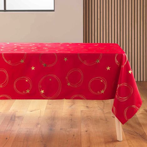 Nappe – Antitaches / Infroissable – Idéal fêtes de fin d’année, Noël, Anniversaire – Métallisé Star - rouge - 300x150cm (1/3)