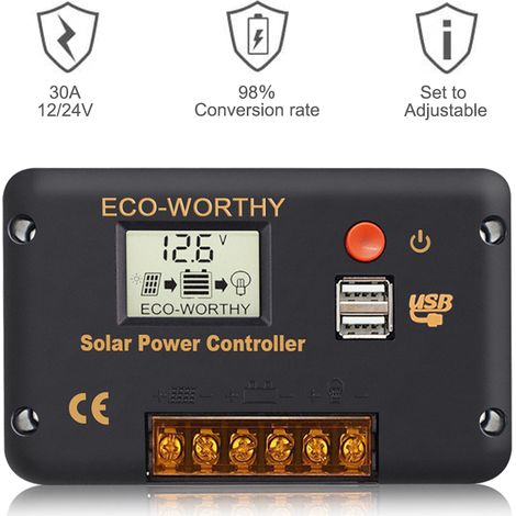 ECO-WORTHY 30A 12V/24V Solar Charge Controller Intelligent Regulator with Dual USB Port Solar Battery Controller LCD Display
