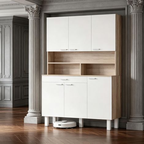 Buffet haut de cuisine 120x40x175 cm,6 portes,1 tiroir,niche ouverte,plan de travail,passe-câbles,blanc et effet bois naturel (1/5)