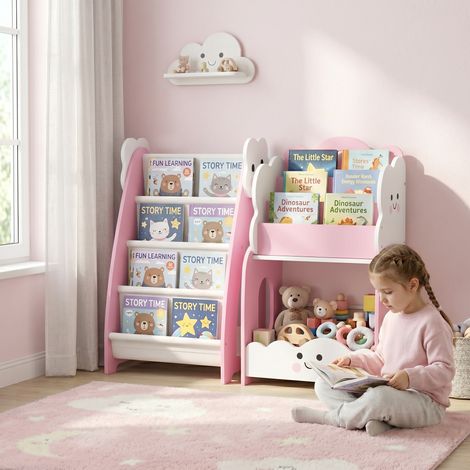 Étagère enfant 3 en 1 avec rangement pour jouets, bibliothèque modulable avec 4 poches et 3 étagères et table de chevet, rose (1/5)