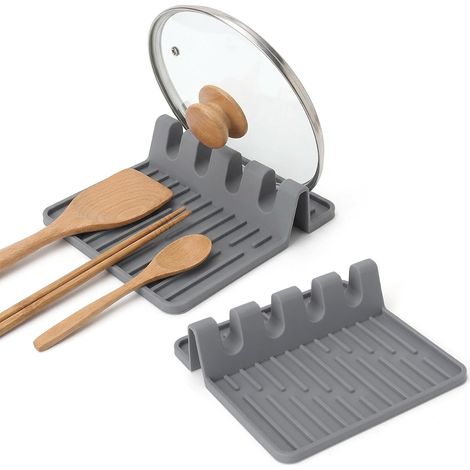Repose-Cuillère Silicone - Lot de 2 - Support Ustensiles Cuisine - Résistant Chaleur - Pour Spatules et Pinces - Gris (1/5)