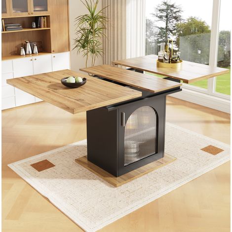 Ausziehbarer Esstisch 110-140x80x76 cm Schwarz aus MDF und Glas mit Stauraum (1/5)