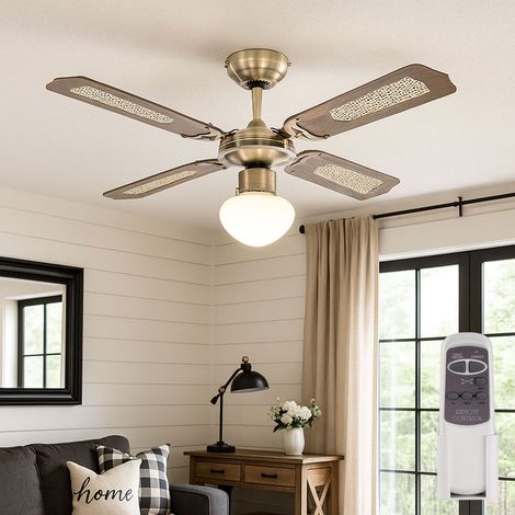 Deckenventilator mit Zugschalter Ventilatorlampe Decke 3 Stufen Ventilator mit Fernbedienung Deckenleuchte, Vor-Rücklauf, Eiche Geflecht Glas, 1x LED 3,7W 320lm warmweiß, D 106,6 cm