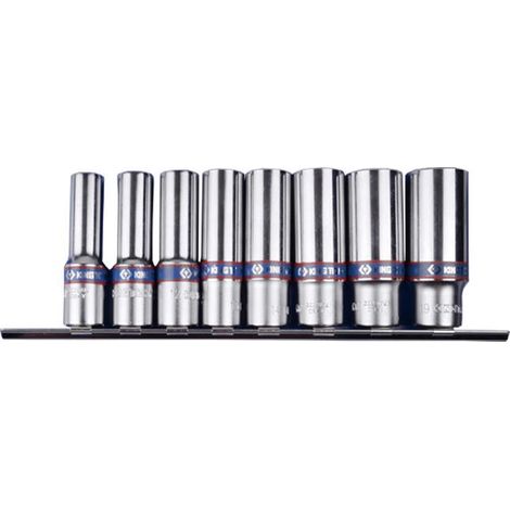 Juego de Llaves de Vaso King Tony 3/8" 8 piezas, hexagonal largo 10-19mm, acero cromado, resistencia superior, almacenamiento en riel metálico