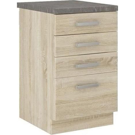 Meuble bas cuisine 4 tiroirs – Plan de travail décor chêne sonoma – Dimensions L 40 x P 51,6 x H 85 cm – Rangement fonctionnel (1/5)