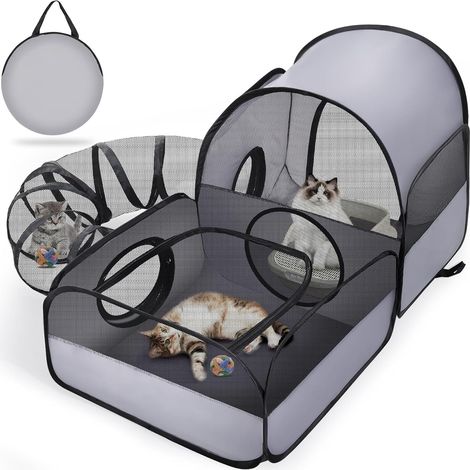 Enclos Portable Pour Chat Avec Tunnel Périphérique, 2 Zones Fermées Reliées – Idéal Comme Tente D‘extérieur Ou Parc Intérieur – Maille Aérée, Adapté Intérieur/extérieur – Couleur Gris (1/5)