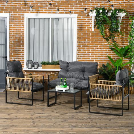 4-teiliges Gartenmöbelset: 2-Sitzer-Sofa, 2 Sessel, 1 Couchtisch mit gehärteter Glasplatte, 3 Kissen – grau