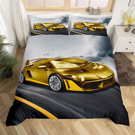 Housse de Couette 200x200 cm avec 2 Taies d'oreiller, Parure de Lit Voiture de Course Sets de Housses de Couettes Voiture de Sport Extrême, Couvre Lit Voiture de Sport Jaune Gris (1/5)