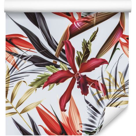 Papel pintado de flores y hojas tropicales para salón y dormitorio, 50x1000 cm. (1/5)