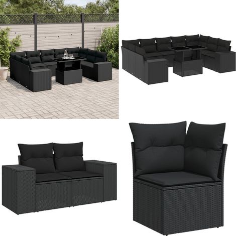 10-tlg. Garten-Sofagarnitur mit Kissen Schwarz Poly Rattan - Gartenmöbel Set - Esszimmergarnitur - Outdoor Möbel - Lounge Garnitur - Rattan Gartenmöbel - Home & Living (1/5)