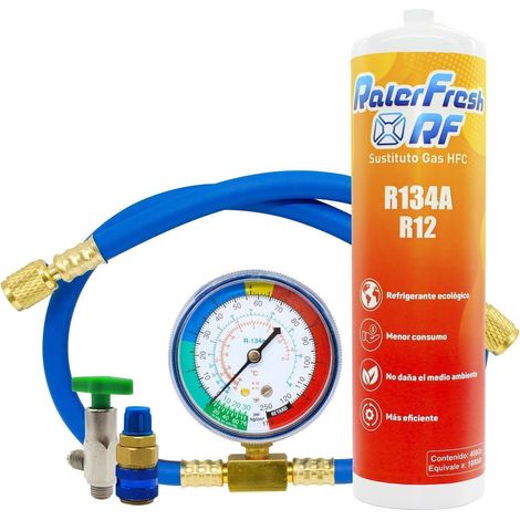 Gas Refrigerante Ralerfresh RF para aire acondicionado, sustituto del gas R12 y R134A mas manometro con manguera y conector
