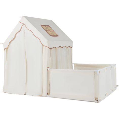 Tente de jeu beige 2-en-1 avec parc pour enfant, tapis lavable et fenêtres en filet, porte à attaches, pour chambre, salon et jardin (1/5)