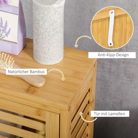 Meuble salle de bain colonne avec porte à lamelles, 2 compartiments, rangement, bois naturel, 30x19,9x70cm (1/5)