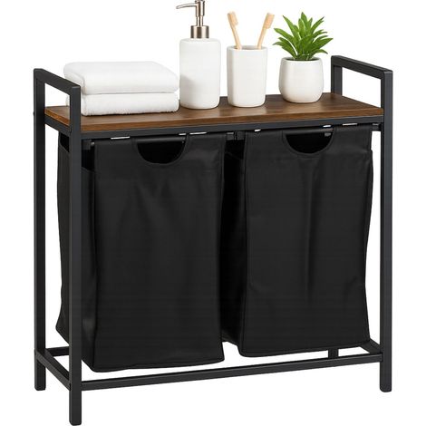 Relaxdays Wäschesammler, 2 ausziehbare Wäschekörbe, mit Ablage, HBT: 72 x 73 x 33 cm, Wäschekorb Metall, braun/schwarz
