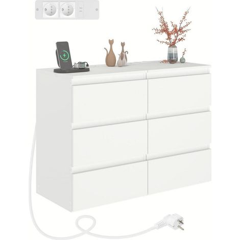 Lot de 2 commodes blanches 3 tiroirs avec ports USB et prises AC 40x35x60cm (1/5)