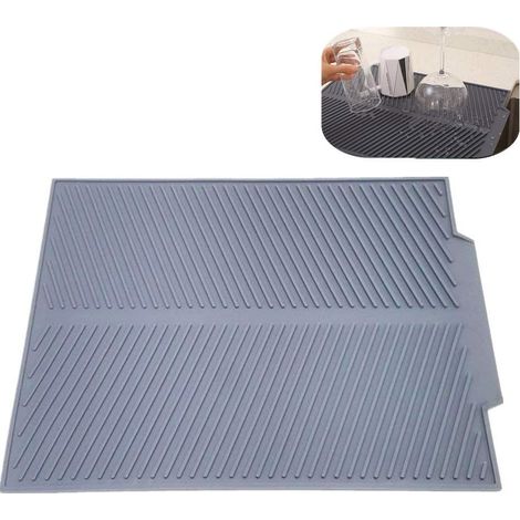 Selbstentleerende Abtropfmatte aus Silikon. 43,2 x 33 cm, 0,32 kg – schräge Silikonschale und Glasschale in Grau – spülmaschinenfester, hitzebeständiger Untersetzer (groß)