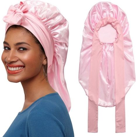 Bonnet de nuit pour femme, ajustable, long élastique pour un ajustement parfait, antistatique, maintient l'hydratation de la peau. (1/4)