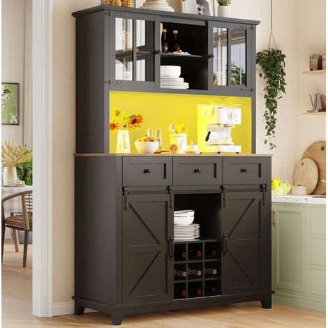 Hochschrank MDF schwarz 105 x 38,4 x 180 cm mit Glastüren, Scheunenschiebetür, LED-Beleuchtung und verstellbaren Ablagen (1/5)