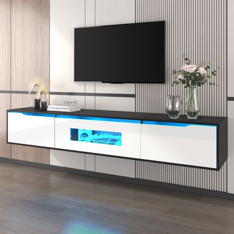 Meuble TV mural ou sur pied 180 cm noir et blanc brillant, LED USB, moderne, REDOM (1/5)