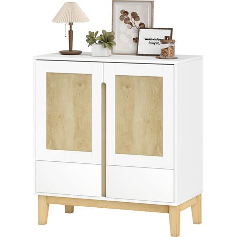 Buffet, meuble de rangement avec 2 portes, 2 tiroirs et étagère réglable, 80 x 40 x 86 cm, blanc et chêne