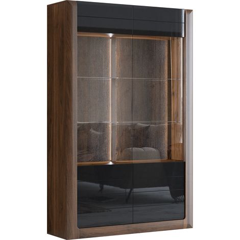Estantería Sovera 102, Nuez + Negro brillante, Con puertas, Cerrable, Aglomerado laminado, Vidrio, MDF, Número de puertas: 2, Número de cajones: 0, 200x129x41cm (1/5)