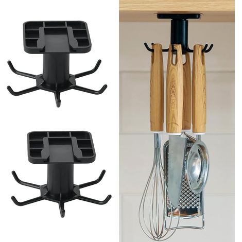 Lntyq Lot De 2 Porte Ustensiles Cuisine,Barre Cuisine Ustensile,Support Ustensiles Cuisine Avec 6 Crochets,Sans Perçage Rangement Organiseur Rack,Rotatif à 360° Porte Ustensiles Cuisine,Pour Cuisine(
