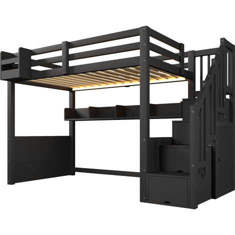 Cama alta 90x200 cm de pino y MDF con almacenamiento, LED y escalera negra (1/5)