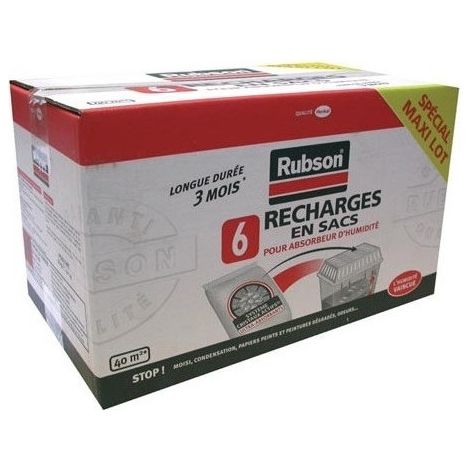 Rubson – Recharge absorbeur d'humidité lot de 6 sacs 1kg – Capacité d'absorption jusqu'à 3L – Sachets non-tissés pour sécurité - 6x1kg