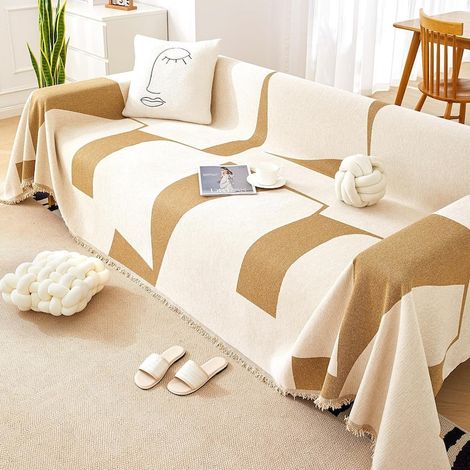 Housse de canapé en chenille réversible, antidérapante, crème et marron, 260 x 180 cm, protection anti-taches et poils (1/5)