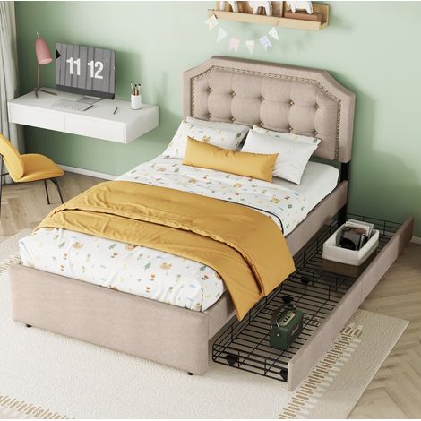 Cama tapizada 90/200 cm beige oscuro de MDF y lino con cabecero regulable y 2 cajones (1/5)
