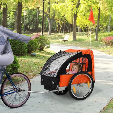 Remorque Bicyclette Enfants avec 2 Places, 2 Ceintures de Sécurité, Cadre en Acier et Housse en Tissu Oxford Orange (1/5)
