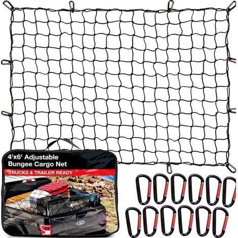 Cargo Net for Pickup Truck Bed (4' x 6' Stretches to 8' x 12') Heavy Duty Pickup Truck Bed Accessories - 12 Metal Carabiners, Bungee Mesh Accessory with Strap for SUV, Trailer Tarp (1/4)