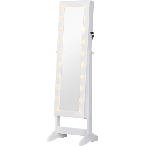 Schmuckspiegel mit 20 LED-Leuchten, verstellbarer Schmuckschrank mit Halterungen für Ringe, Ohrringe und Halsketten, 40x37x146 cm, Weiß.