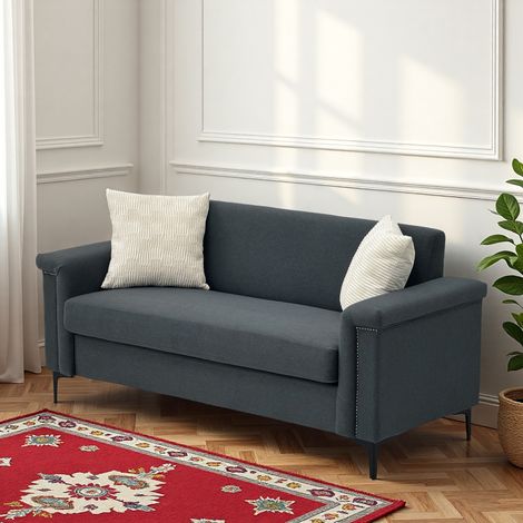 Canapé droit 2 places pour salon, style scandinave, bois et métal, 172x72x82 cm, lin gris (1/5)