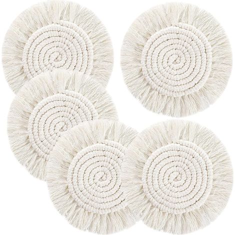 Handgefertigte runde Spitzenuntersetzer, 5 Stück, wiederverwendbare, rutschfeste Untersetzer im Bohème-Stil, handgewebte Platzsets, Tassen, Vasen (1/5)