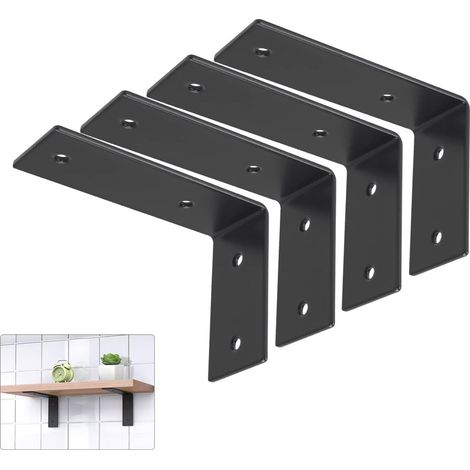 Set mit 4 robusten L-förmigen Wandhalterungen (12,7 x 7,6 x 4,6 cm), Edelstahl, für schwebende Wandregale, inklusive Befestigungsmaterial, schwarz (1/5)