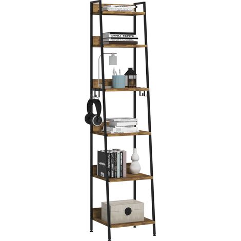Woltu – Bibliothèque 6 niveaux 41x36x187cm – MDF et métal chêne foncé et noir – 4 crochets amovibles – Capacité 15kg par niveau (1/5)