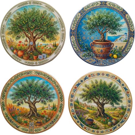 Set de 4 posavasos de cerámica paisaje mediterráneo olivo (1/3)