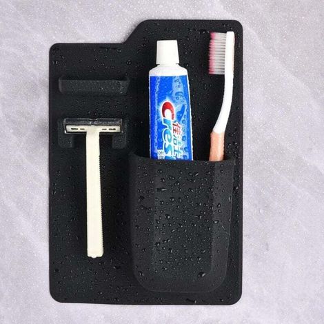 Organisateur pour brosses à dents et rasoirs - Organisateur de douche en silicone, range-brosses à dents et articles de toilette, accessoire de salle de bain - Détachable et réutilisable - Noir (1/4)