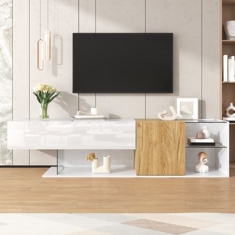 Mobile TV 180 cm bianco effetto legno con vani e ripiani in vetro - CHICFURN (1/5)