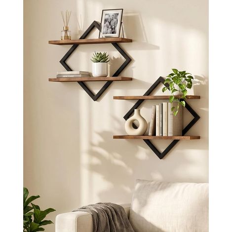Étagère flottantes, Lot de 2, Étagères murales à 2 Niveaux, Rangements Suspendus avec Cadre métallique losangé, pour Salon, Chambre, Cuisine, Bureau, Marron Rustique et Noir (1/5)