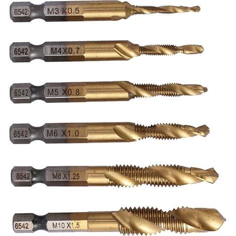 6Pcs HSS Tap Drill Bit Set, Metric Combination Drill Tap Bit Kit Robust Plating High Speed Steel Tap Bit Set M3 M4 M5 M6 M8 M10 (1/5)
