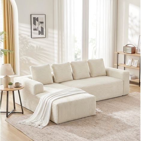 Canapé d'angle modulable avec chaise longue droite, velours côtelé beige, sans montage, 4 places